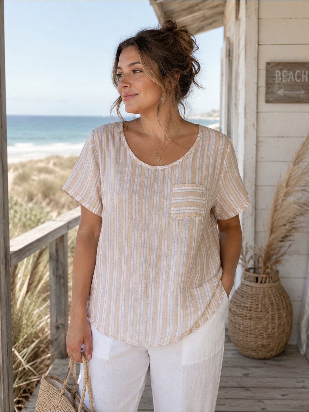Christian Siriano 100% Linen Beachy Coastal Stripe Blouse Size M